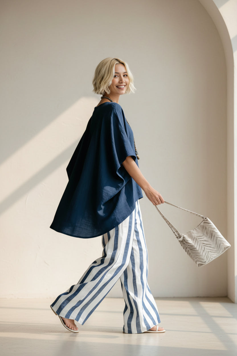 Women's Striped Batwing-Sleeve Loose Linen Two-Piece Set