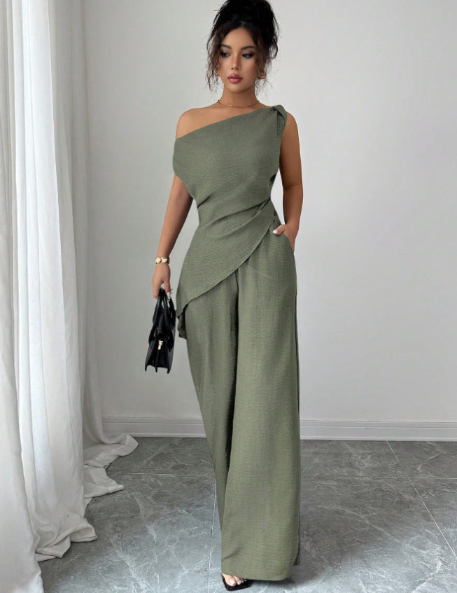 One-Shoulder Asymmetric Top & Wide-Leg Pants 2-Piece Set – Women's Elegant Co-ord Suit