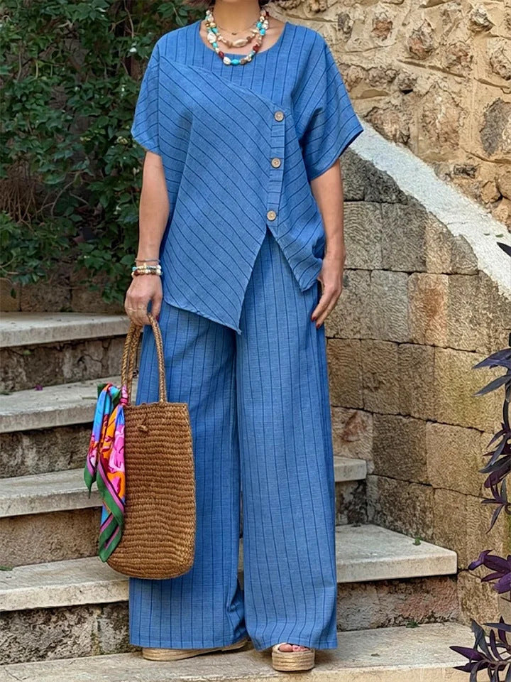Striped Shirt & Loose Pants Set – Three-Quarter Sleeve Two-Piece