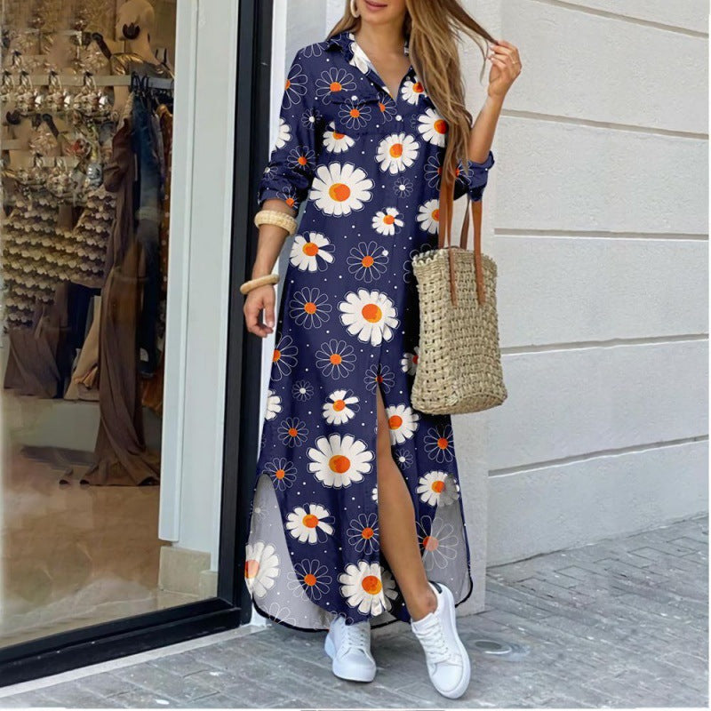 Women's Lapel-Collar Long Shirt Dress – Floral Print Midi Relaxed Fit