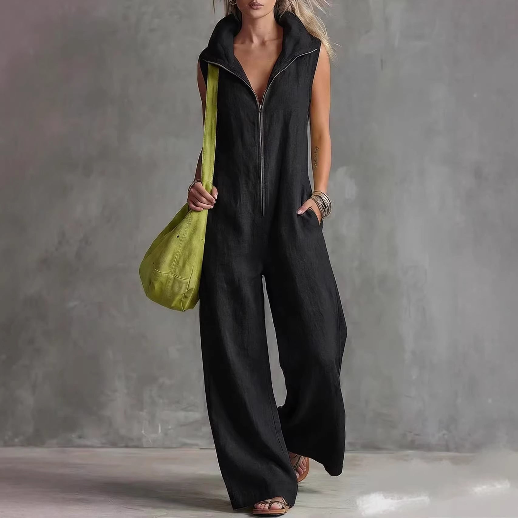 Women's Loose Sleeveless Jumpsuit with Pockets – Linen-Look