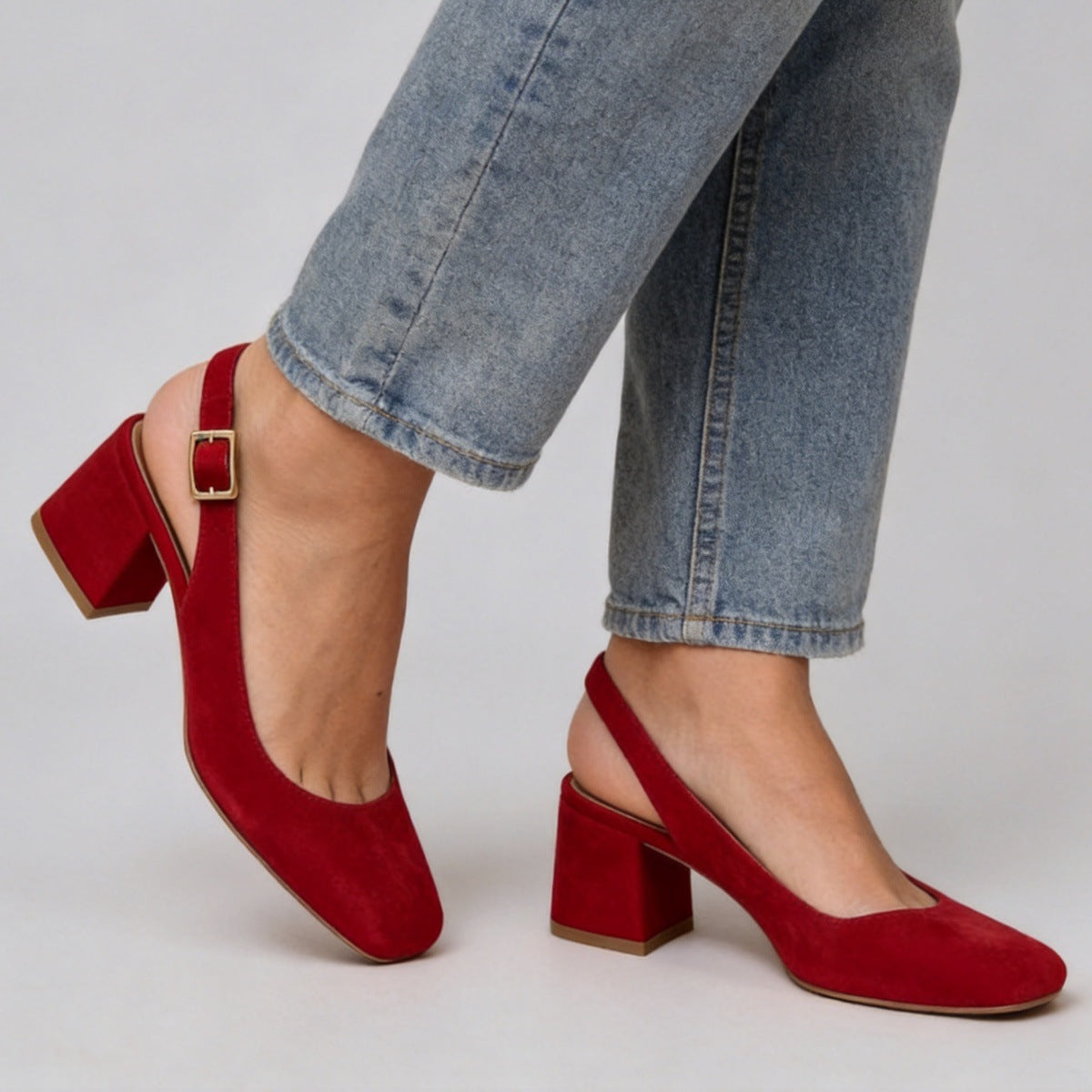 Women's Square Toe Slingback Chunky Heels – Buckle Strap Wide Fit