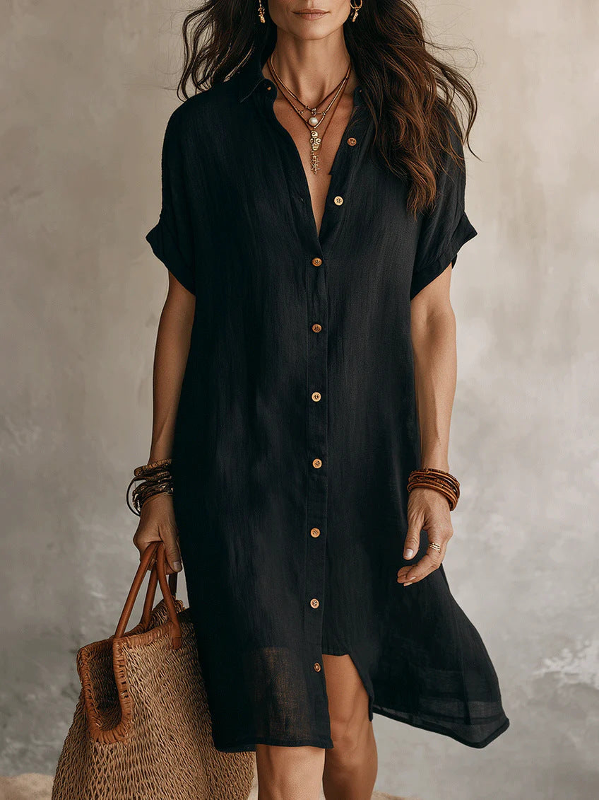 Women's Buttoned Midi Shirt Dress – Short Sleeve