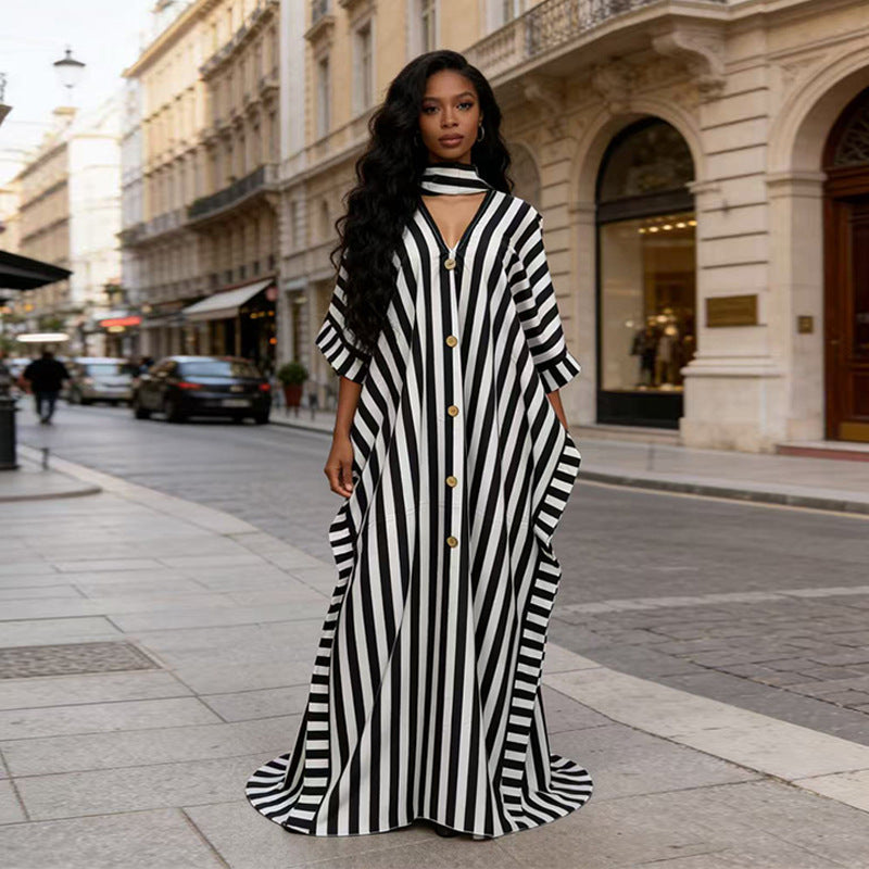 African-Inspired Striped Loose Long Dress | One Size 5 Colors
