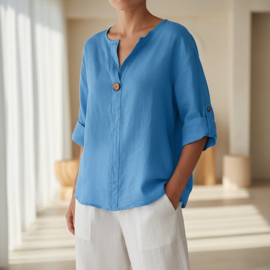 Women's V-Neck Long-Sleeve Button Top – Loose Fit Casual Blouse
