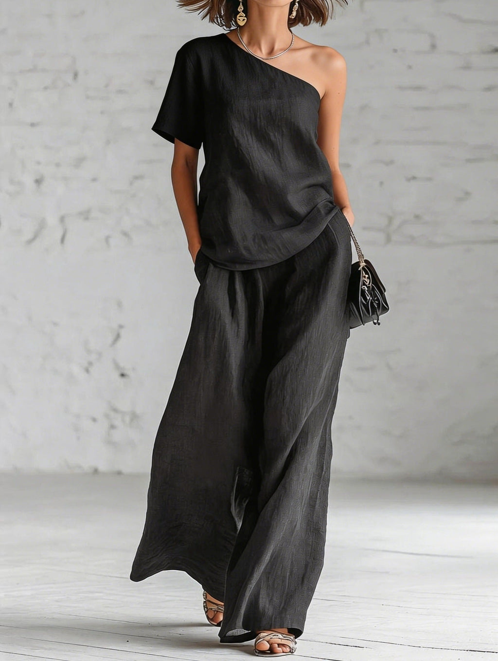 Women's Wide-Leg Pants & Top Set – 2-Piece Three-Quarter Sleeve Outfit