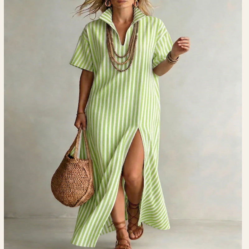 Women's Striped Slit Maxi Dress – V-Neck Short Sleeve