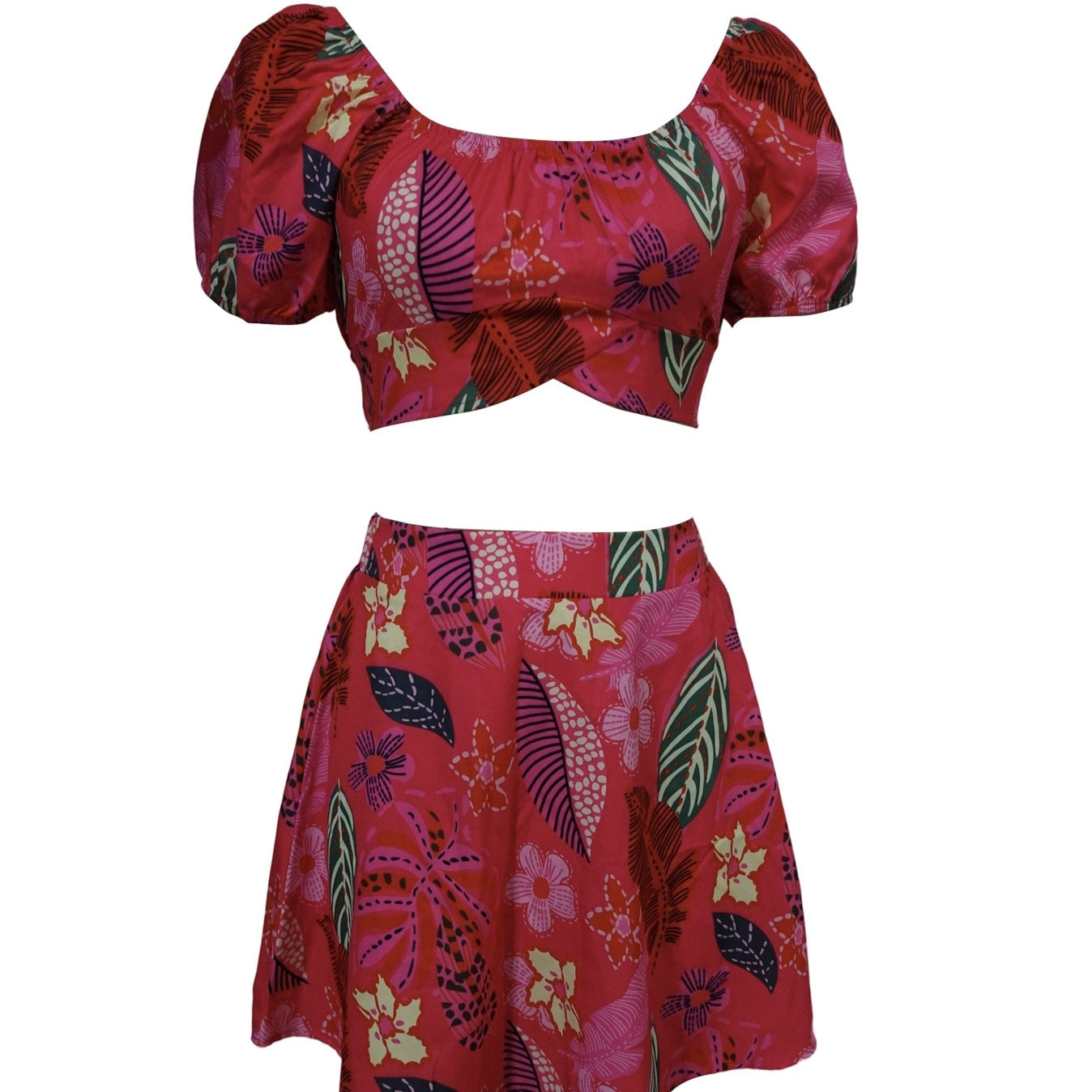 Flower Print Bubble Sleeves With Exposed Navel Short Top, Pleated Short Skirt Set