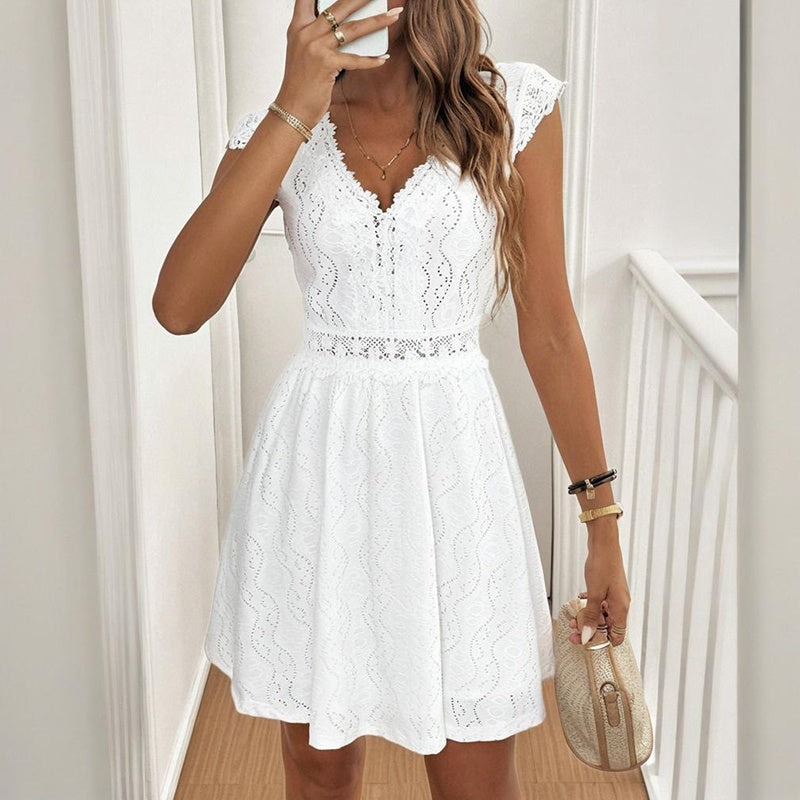 Women’s V‑Neck Short‑Sleeve Dress with Lace Trim