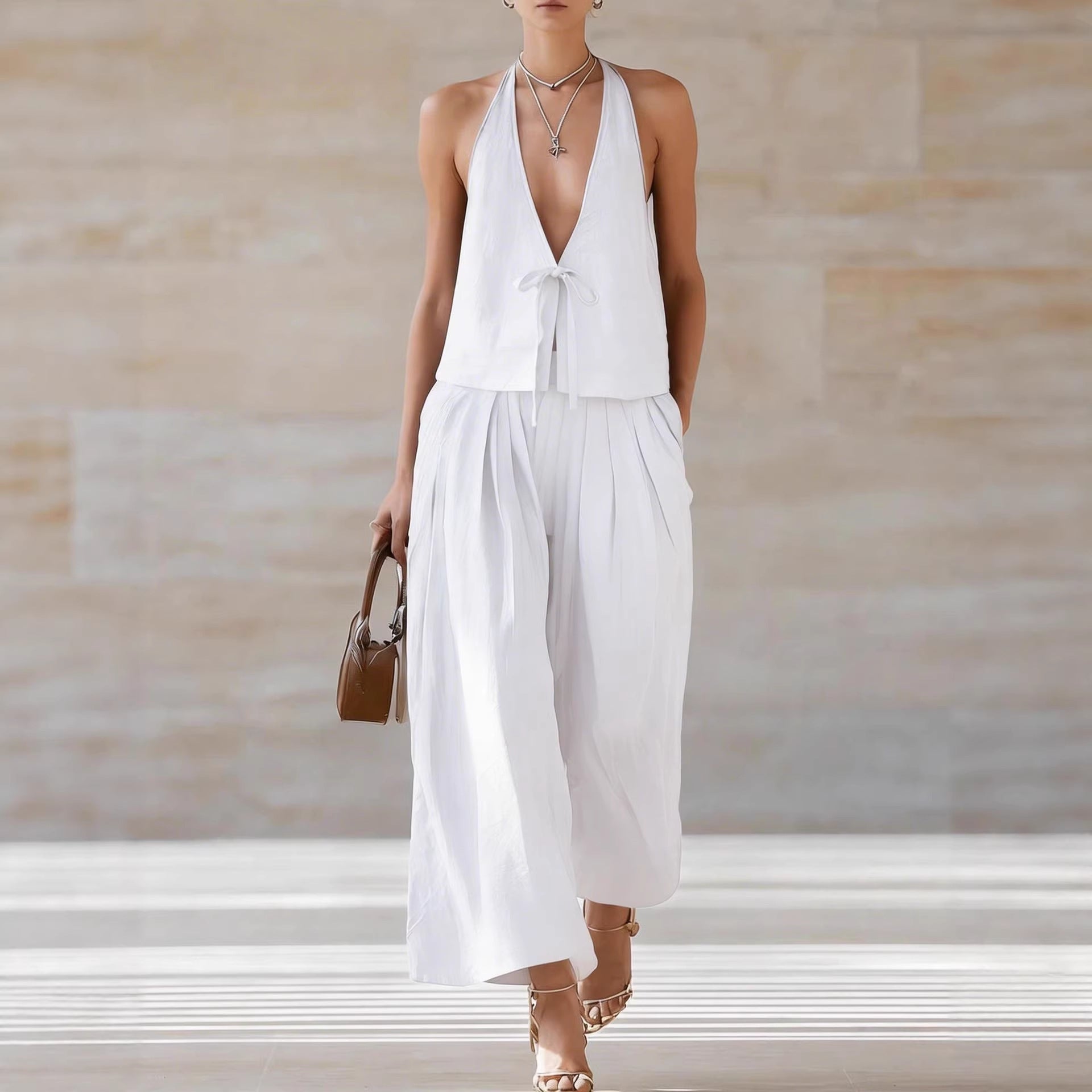 Women's Sleeveless Vest & Wide-Leg Pants Set – 2-Piece Lace-Up Outfit