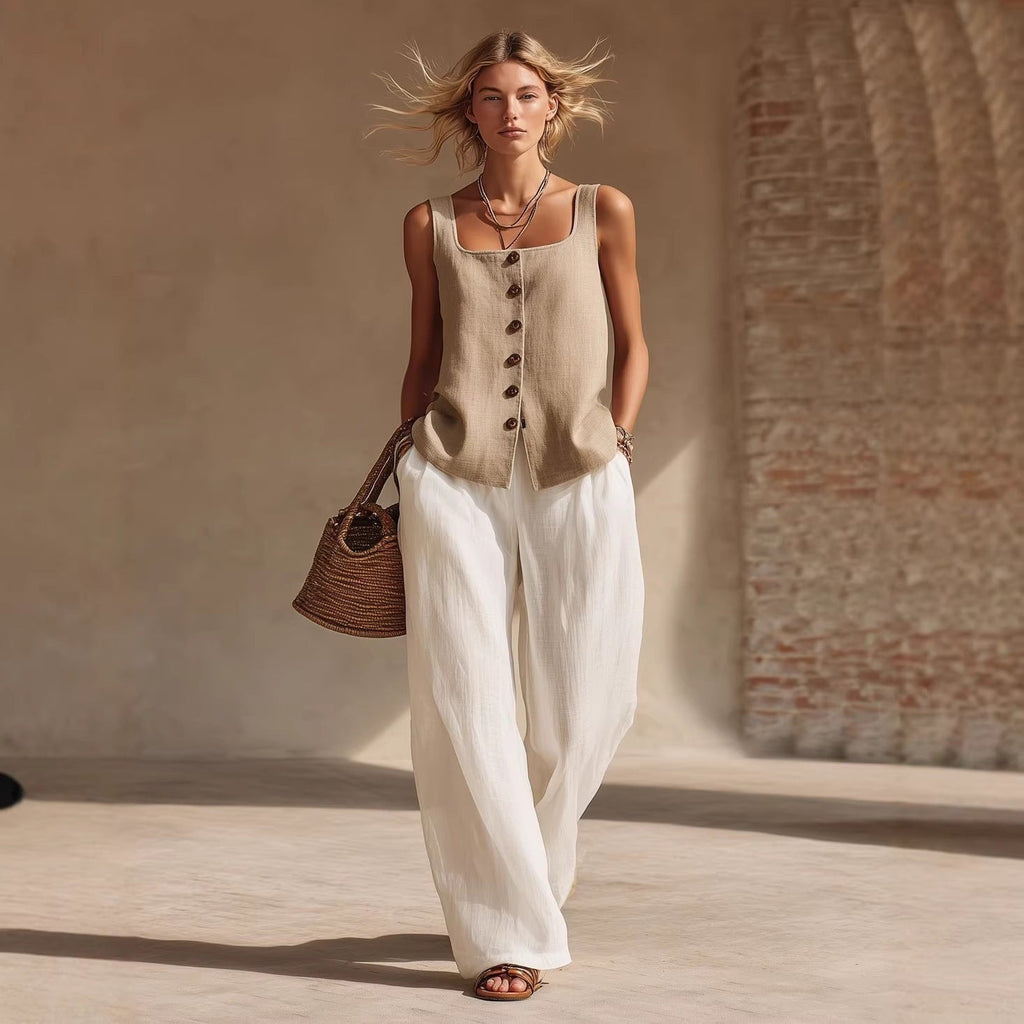 Women's Front-Button Cardigan Sleeveless Top & Long Pants Set