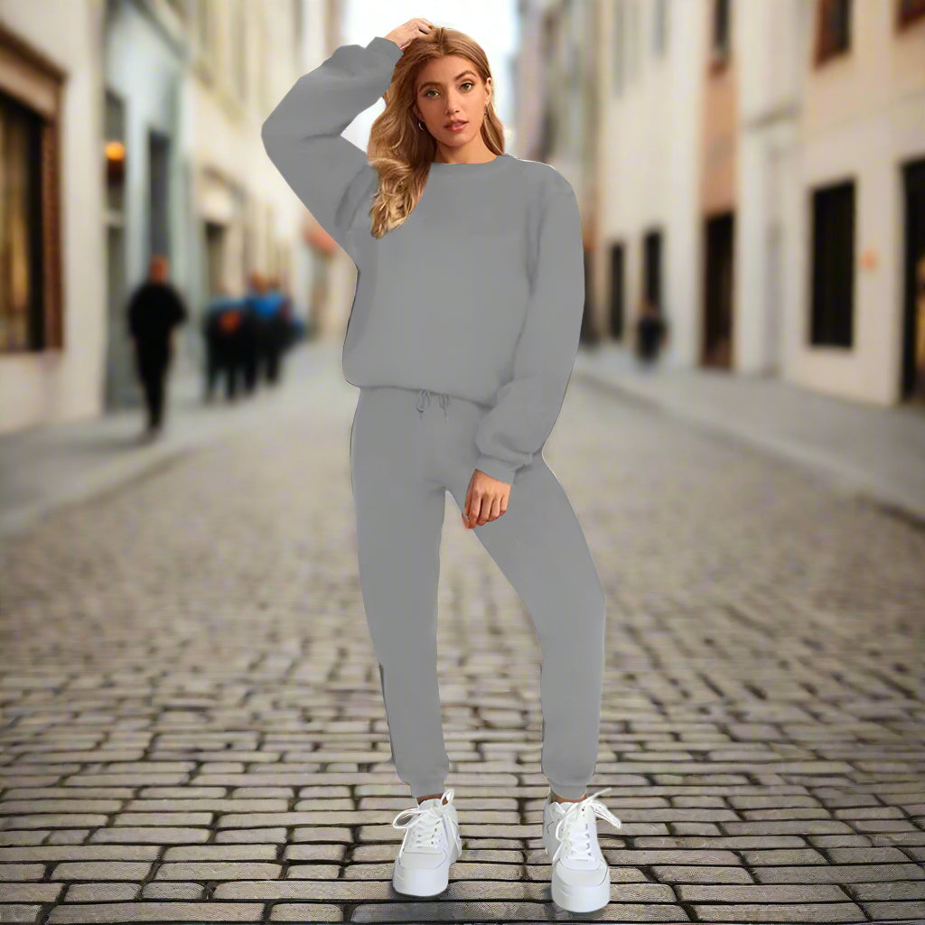 👚 Women's Solid Color Round Neck Pullover Sweatshirt & Pants Set