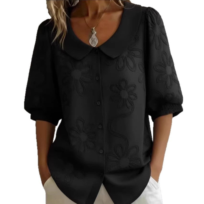 Women's Loose-Fit Retro 3D Embroidered Floral Shirt – Buttoned Casual Top