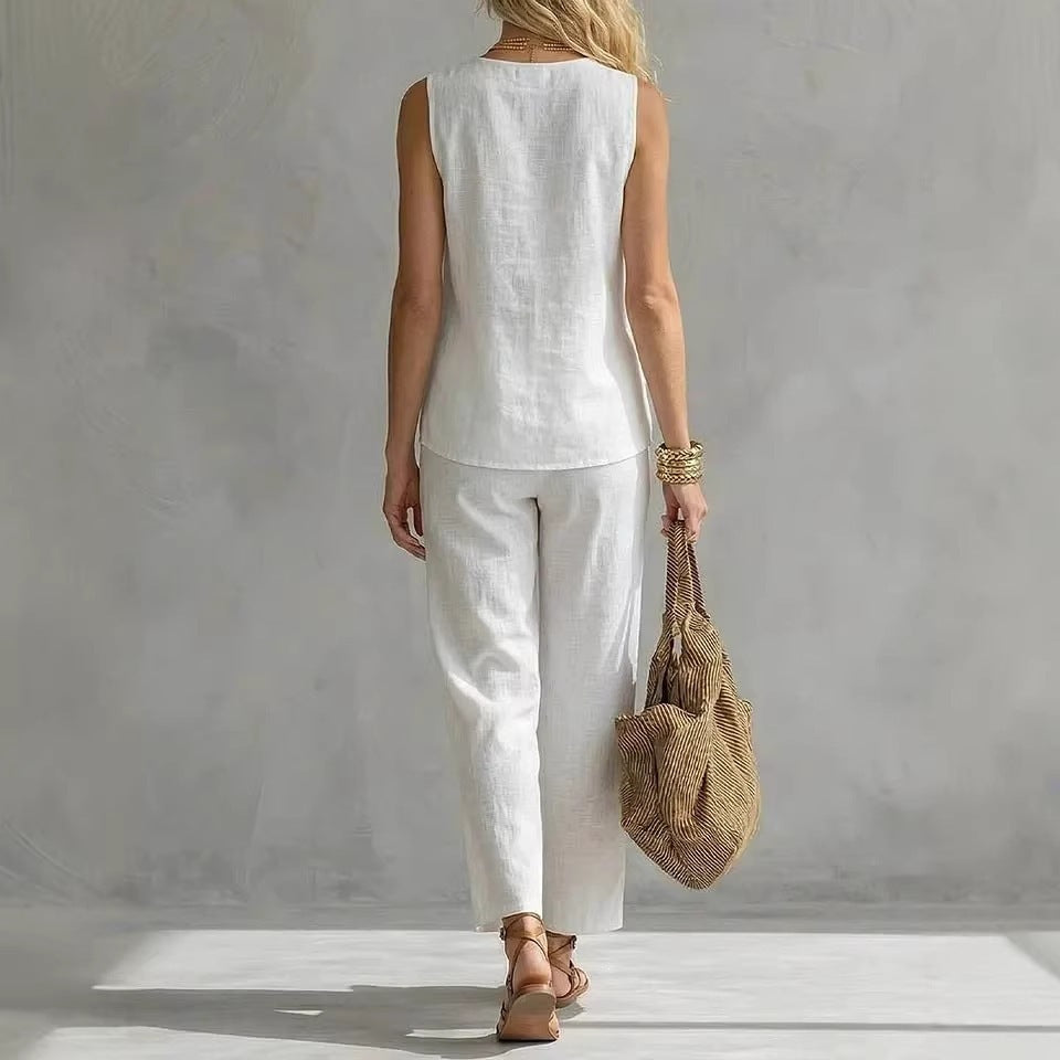 Women's Sleeveless V-Neck Top & Full-Length Pants Two-Piece Set