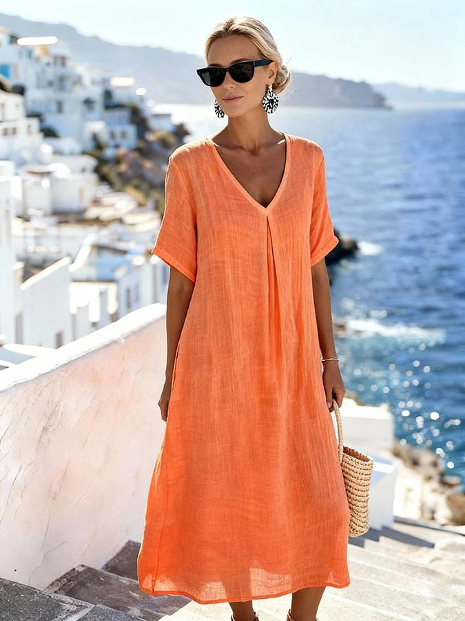 Patchwork Asymmetrical Maxi Dress – Relaxed V-Neck Style
