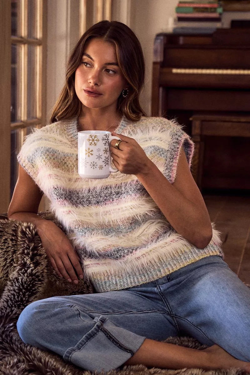 SO ME Soft Fuzzy Multi-Color Stripe Cozy Sweater Top