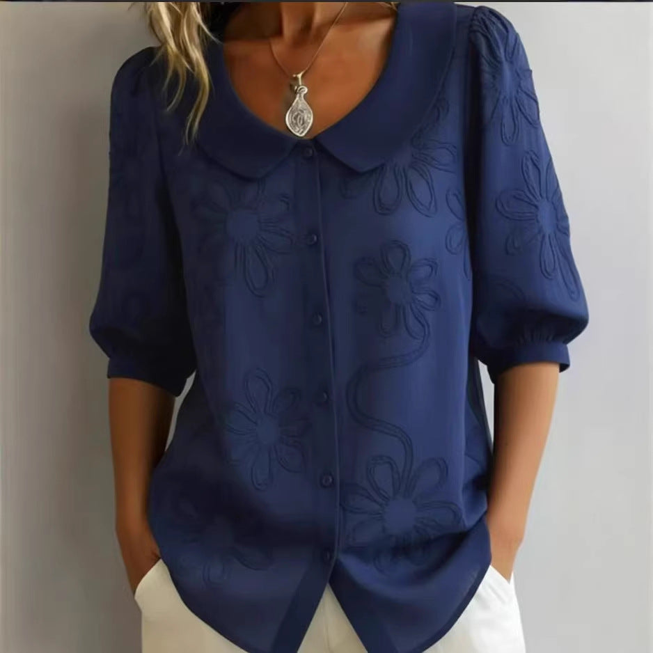 Women's Loose-Fit Retro 3D Embroidered Floral Shirt – Buttoned Casual Top