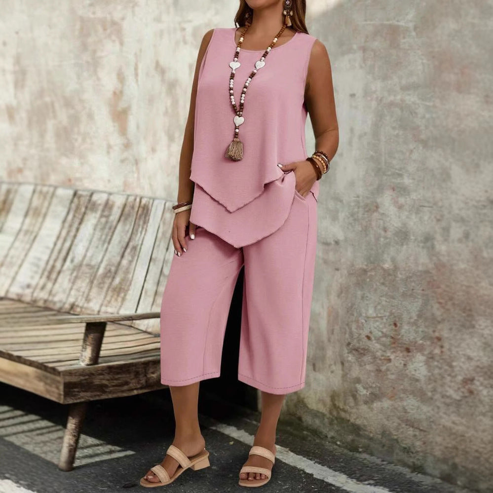Casual Solid-Colored Sleeveless Top And Cropped Pants Two-Piece Set