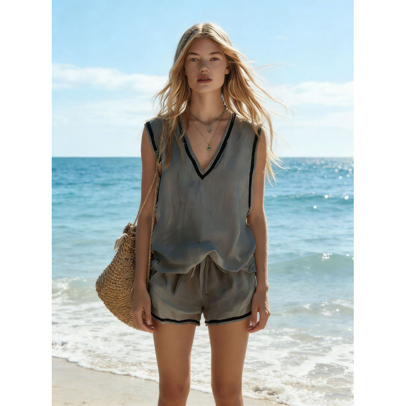 Women's V-Neck Vest & Shorts Two-Piece Set