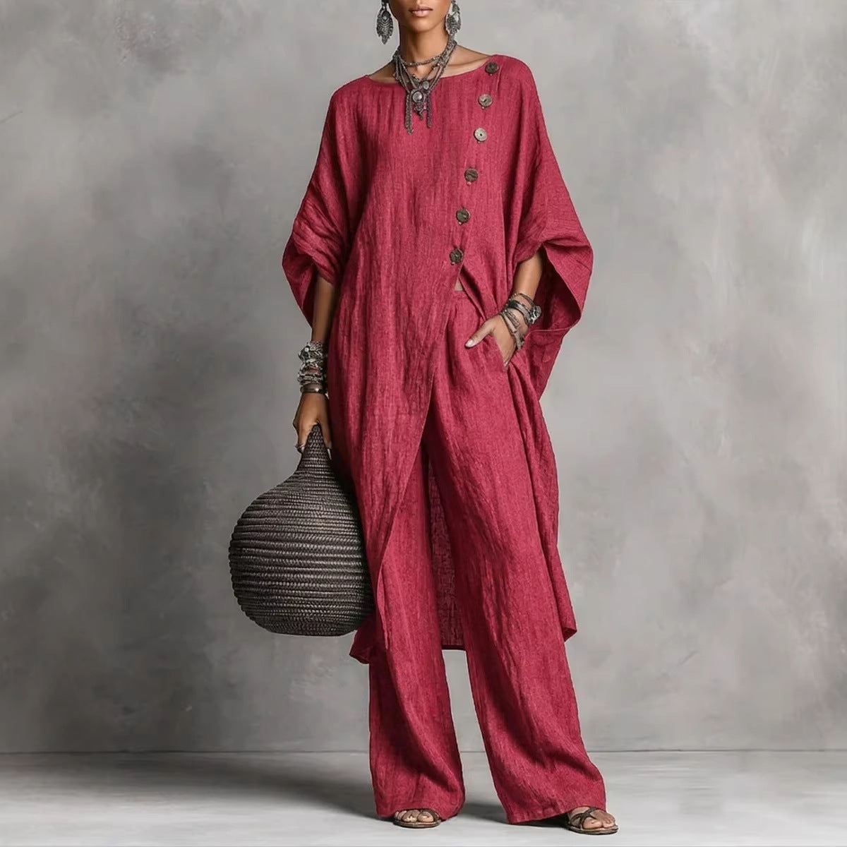 Women's Drop Shoulder Three-Quarter Sleeve Irregular Shirt & Pants Set