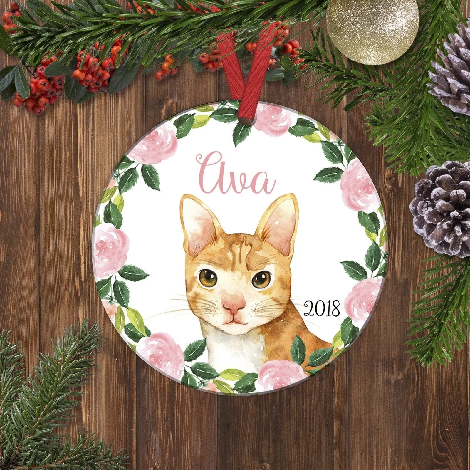 Cat Ornament - personalized cat ornament - watercolor orange cat christmas ornament