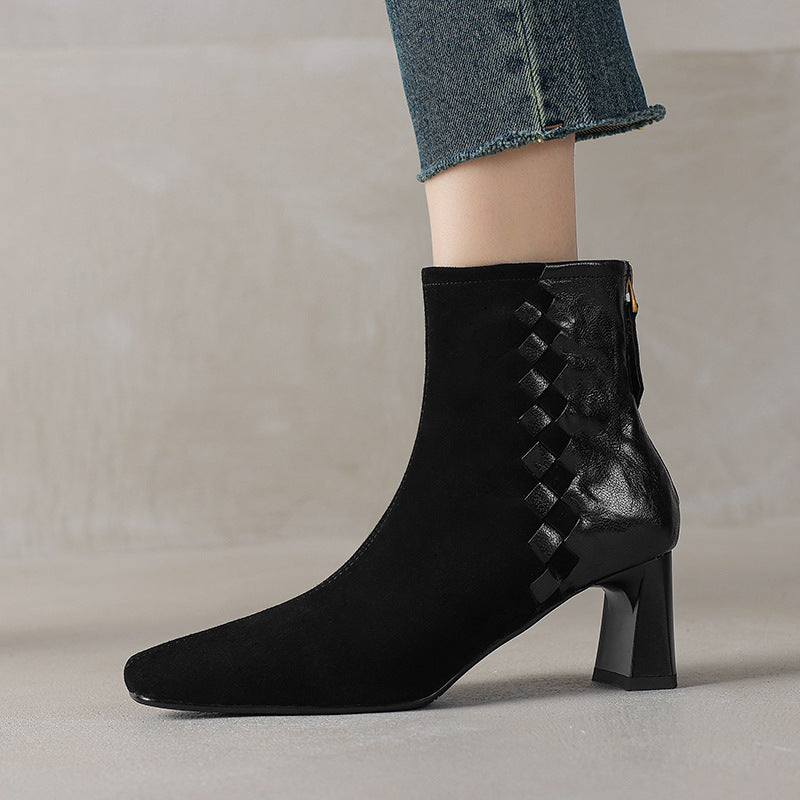 Women's Sheepskin Square Toe Chunky Heel Ankle Boots – Korean Patchwork Style