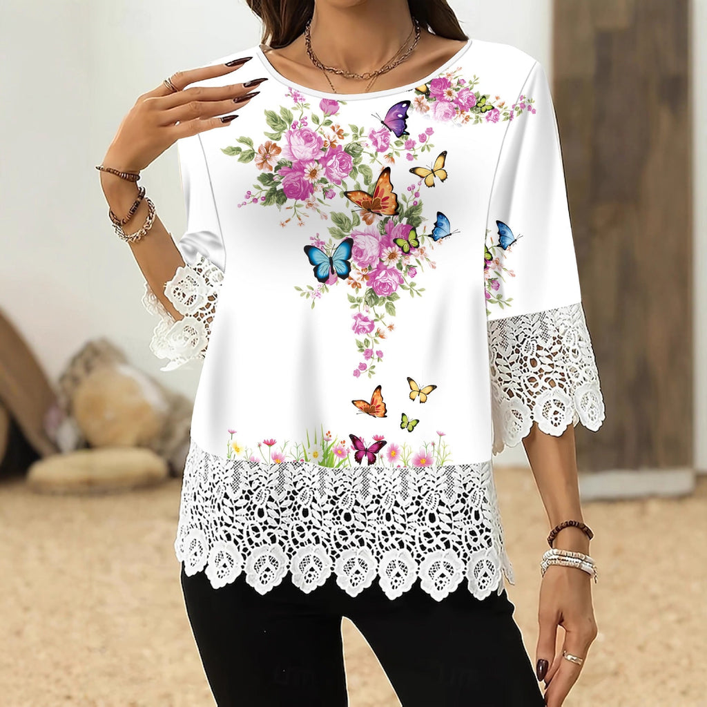 Printed Patchwork Three-Quarter Sleeve Top – Women's Loose Fit Pullover