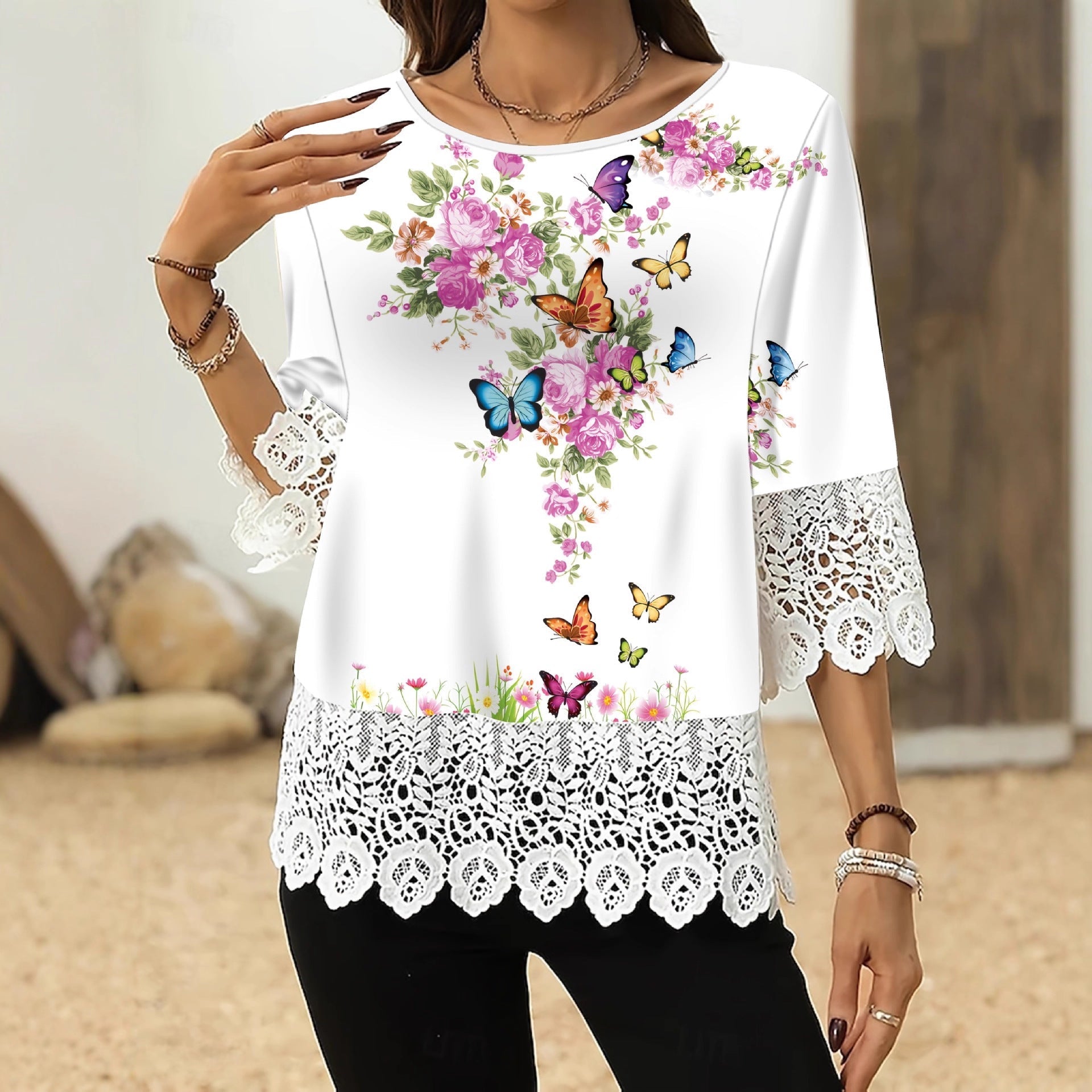 Printed Patchwork Three-Quarter Sleeve Top – Women's Loose Fit Pullover