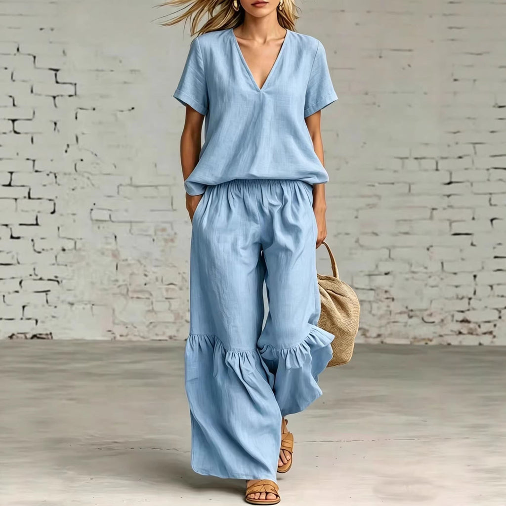 V-Neck Loose Short-Sleeve Top & Pants Set – 7 Colors, S–5XL