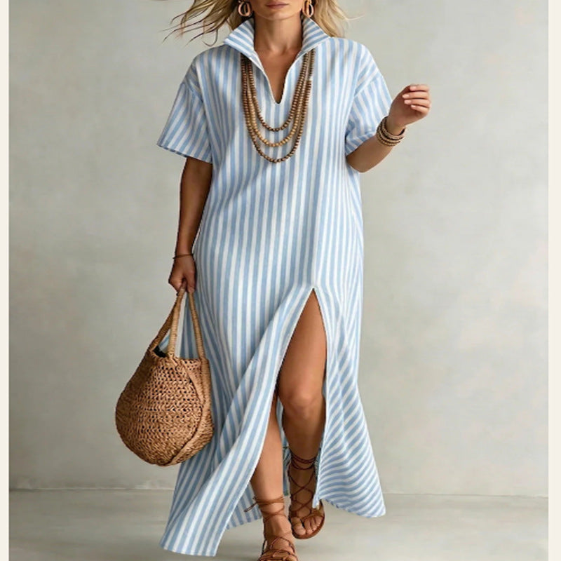 Women's Striped Slit Maxi Dress – V-Neck Short Sleeve