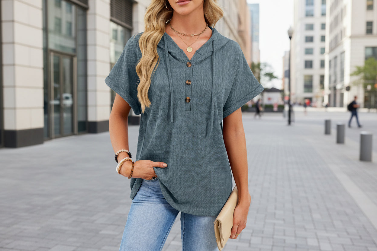 Women's Waffle Knit Hooded Short-Sleeve Top – Drawstring Button Pullover