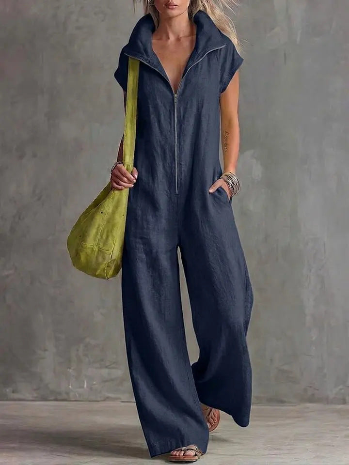 Women's Loose Sleeveless Jumpsuit with Pockets – Linen-Look