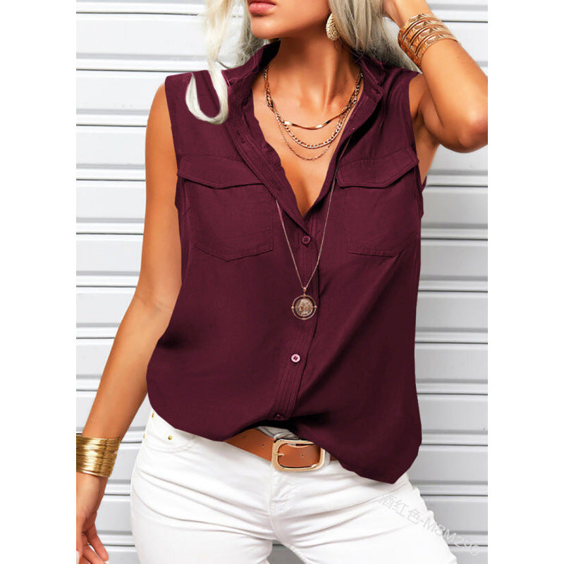 Women's Lapel Collar Sleeveless Top – Loose Fit, Pockets, Solid Color