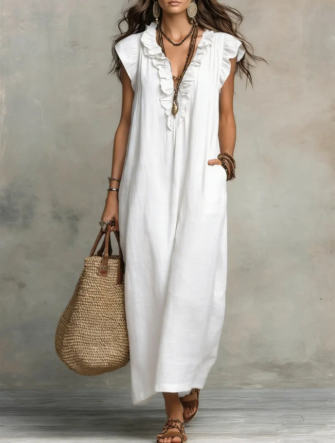 Women's Sleeveless Ruffle Pocket Maxi Dress