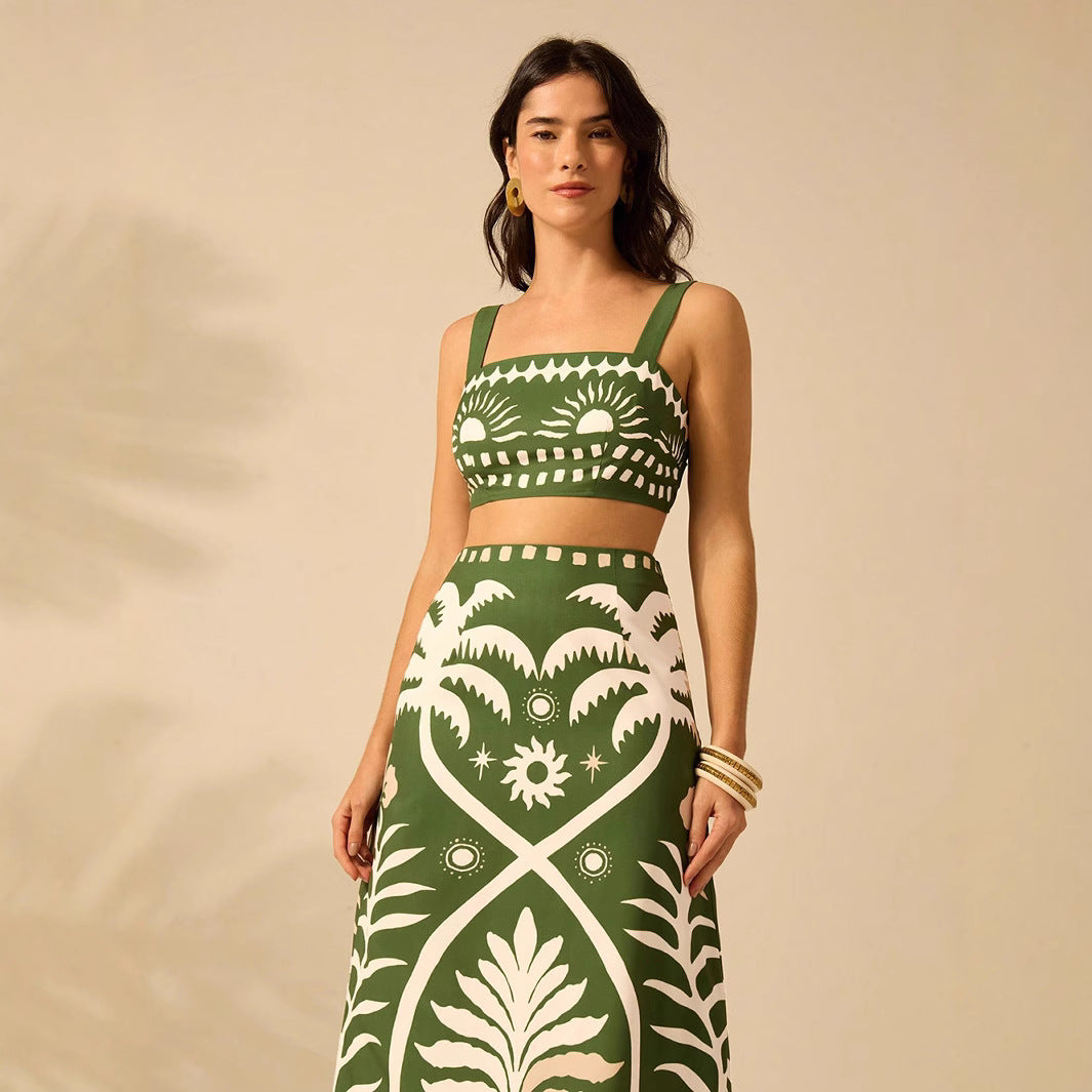 Women's Floral Printed Camisole & High-Waisted Midi Skirt Set