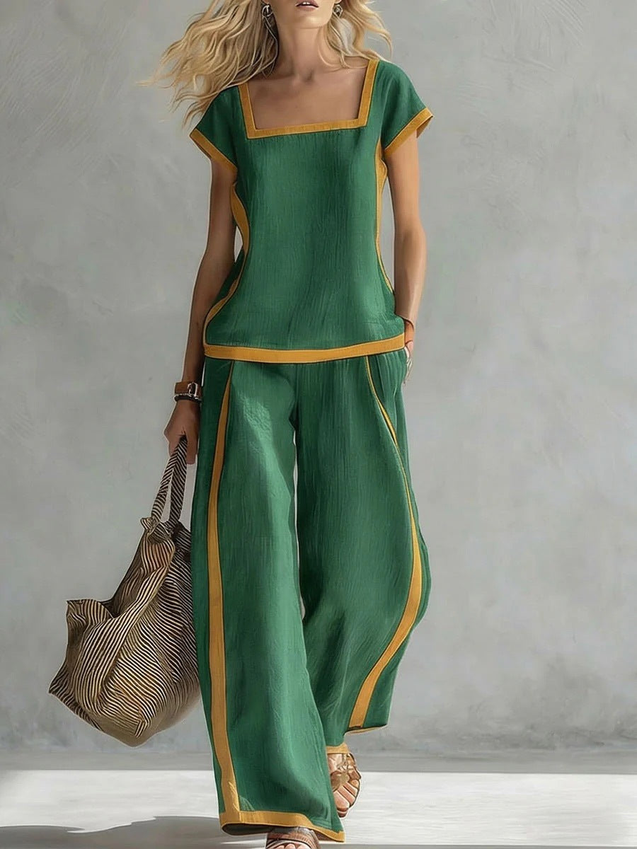 Square-Neck Three-Quarter Sleeve Loose Top & Pants Two-Piece Set