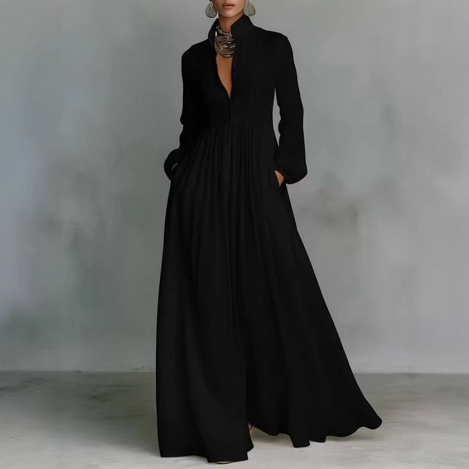 Women's French Style Long Sleeve Pleated A-Line Maxi Dress