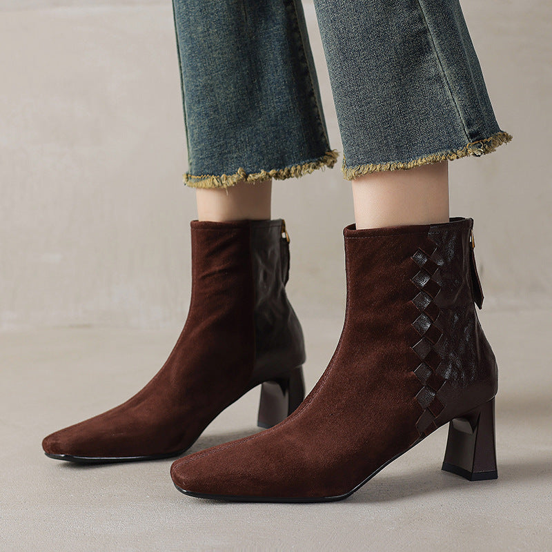 Women's Sheepskin Square Toe Chunky Heel Ankle Boots – Korean Patchwork Style