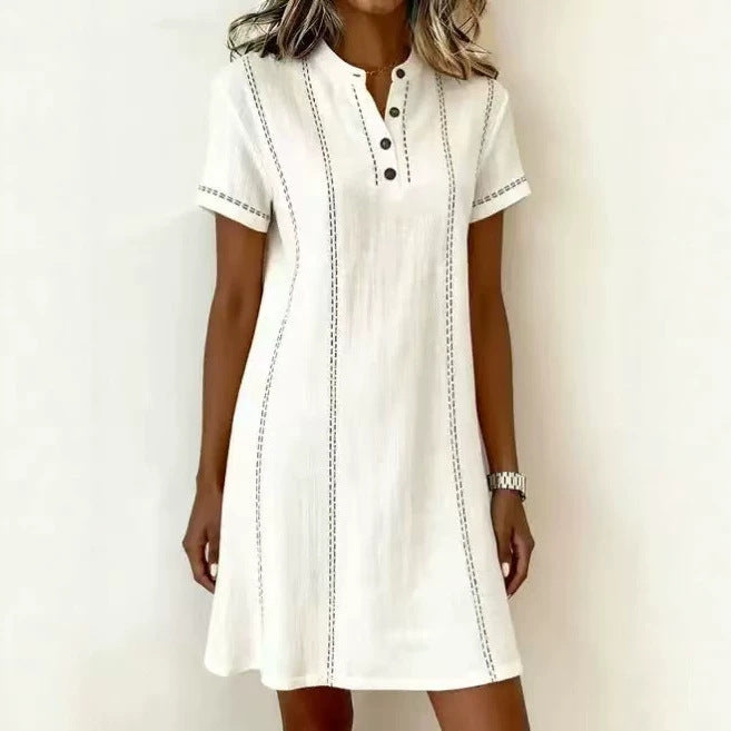Women's Printed Button-Up Stand Collar Midi Dress – 3/4 Sleeve Loose Fit