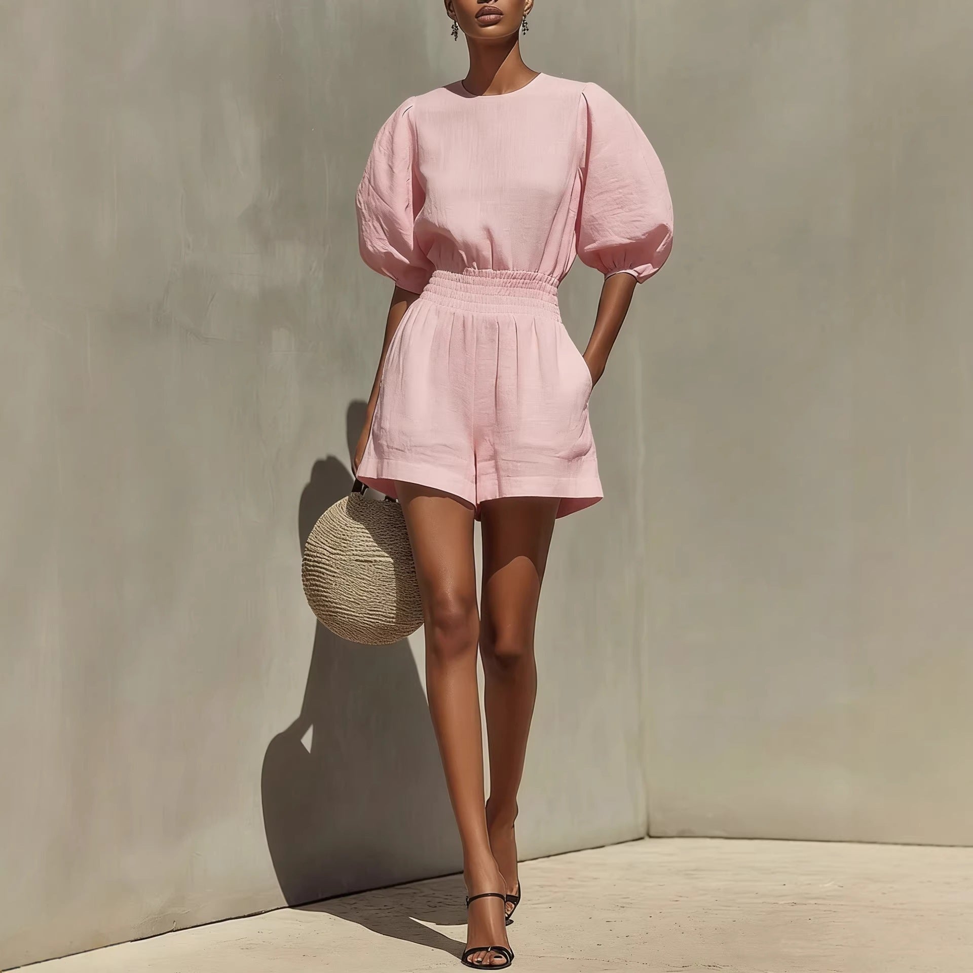 Women's Puff-Sleeve Top & Cropped Shorts Set – Casual Chic