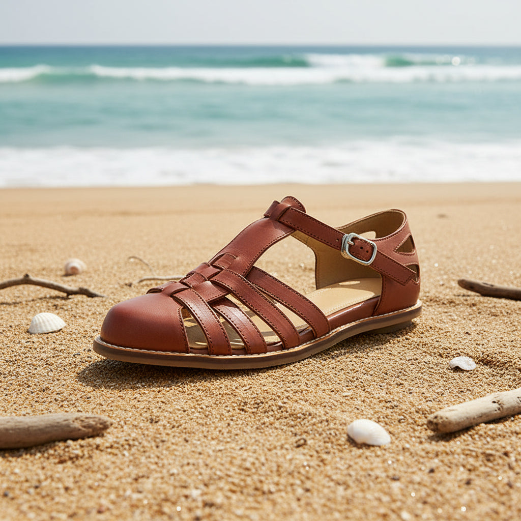 Women's Washed Full Grain Leather Fisherman Sandals – Closed-Toe Woven T-Strap