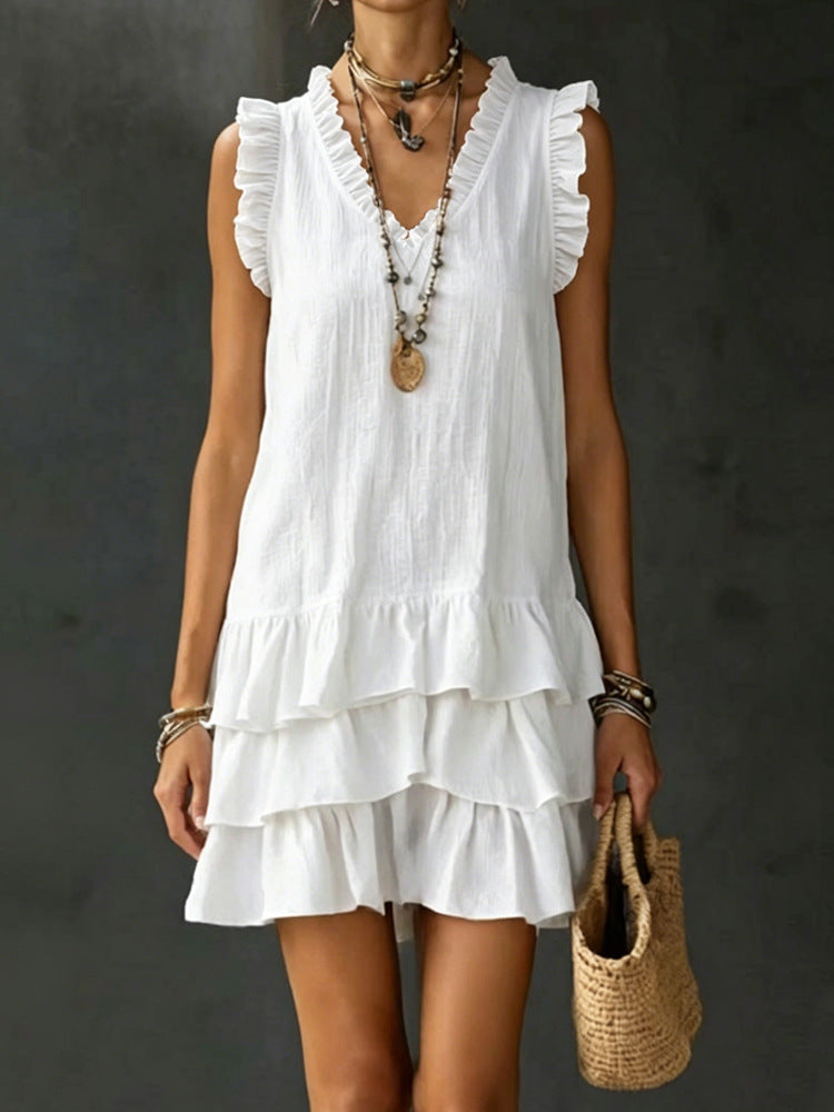 V-Neck Ruffle-Trim Tiered Sleeveless Midi Dress – 4 Colors, S–XXL