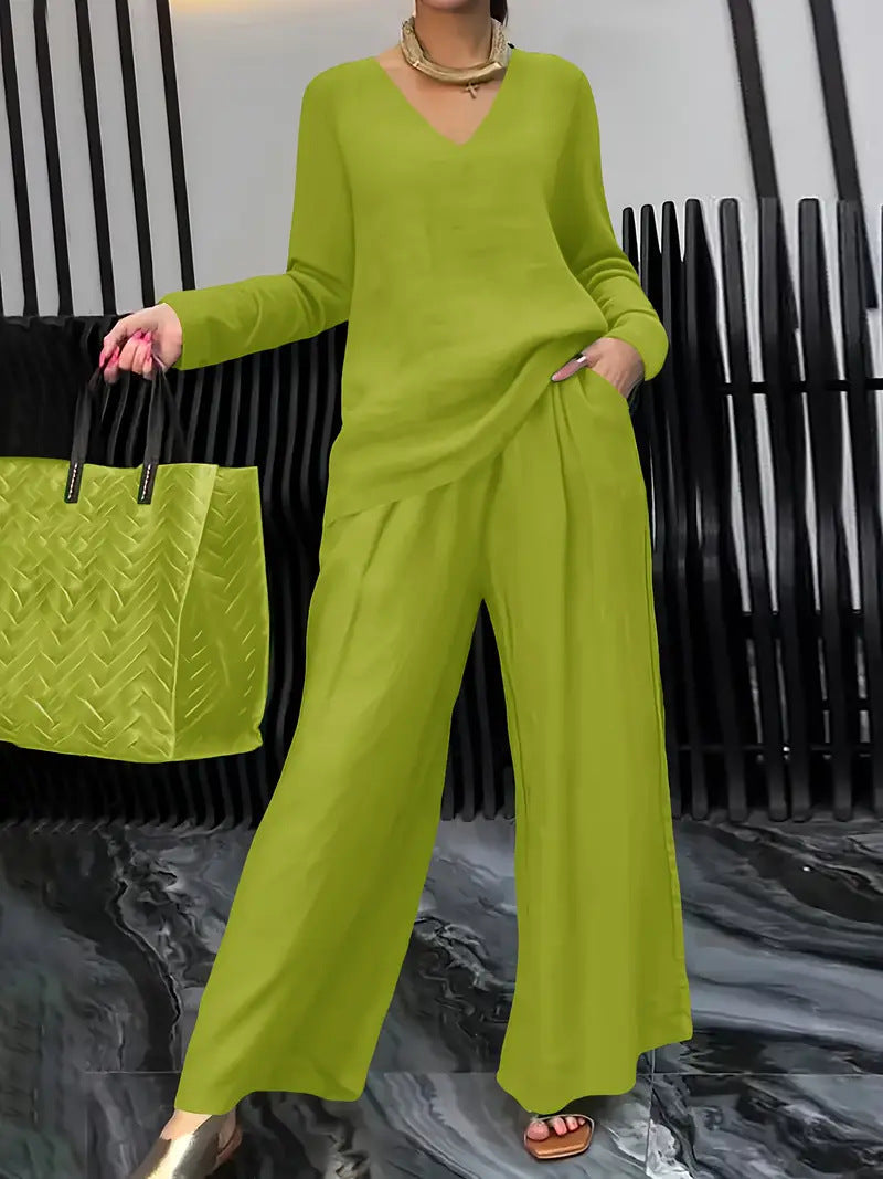 Solid Color Long Sleeve Top & Pants Two-Piece Travel Set