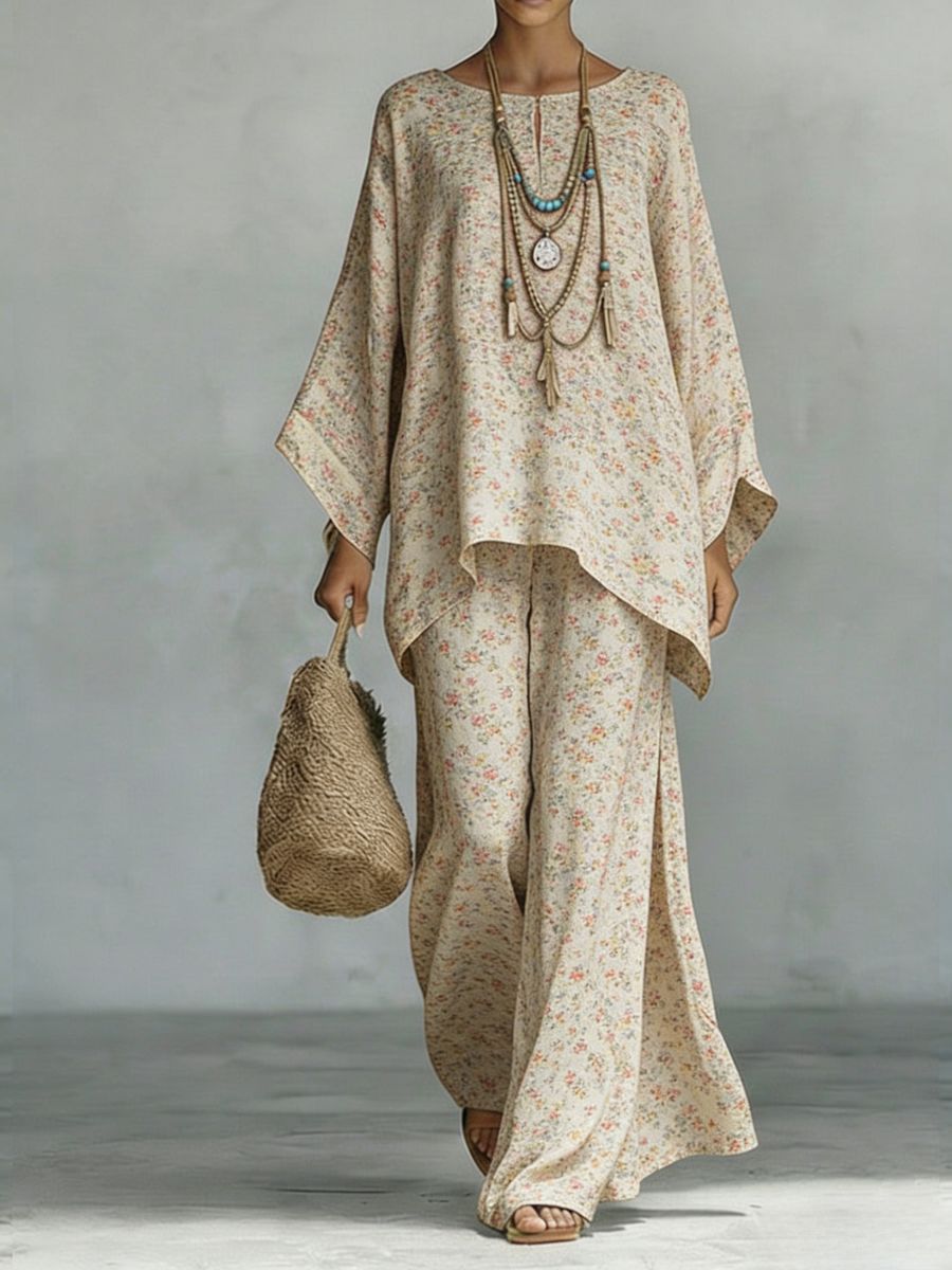 Floral Print Bamboo Linen Two-Piece Set | Wide-Leg Pants