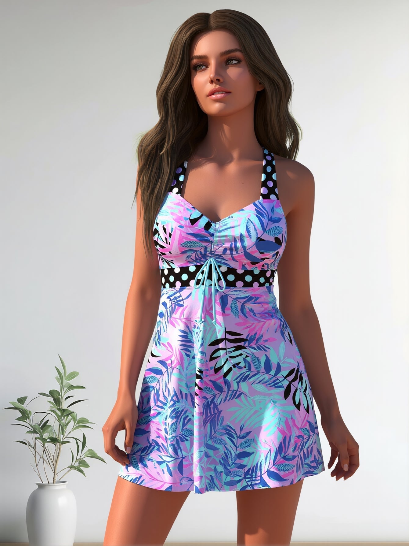 Women's High-Neck Tankini Swimsuit – Adjustable Straps Plus Size
