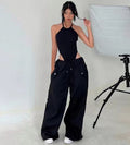 Women's High-Waist Lace-Up Straight-Leg Cargo Pants – Loose Fit