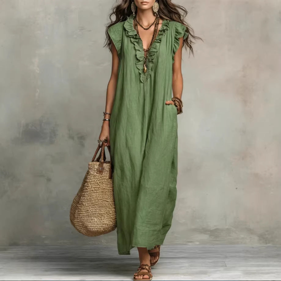 Women's Sleeveless Ruffle Pocket Maxi Dress
