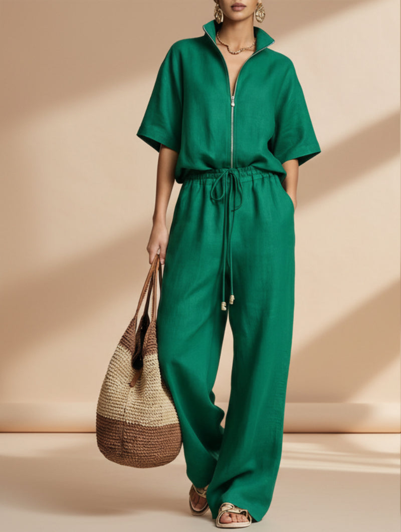 Women's Zip-Up Crew-Neck Top & Wide-Leg Pants Set