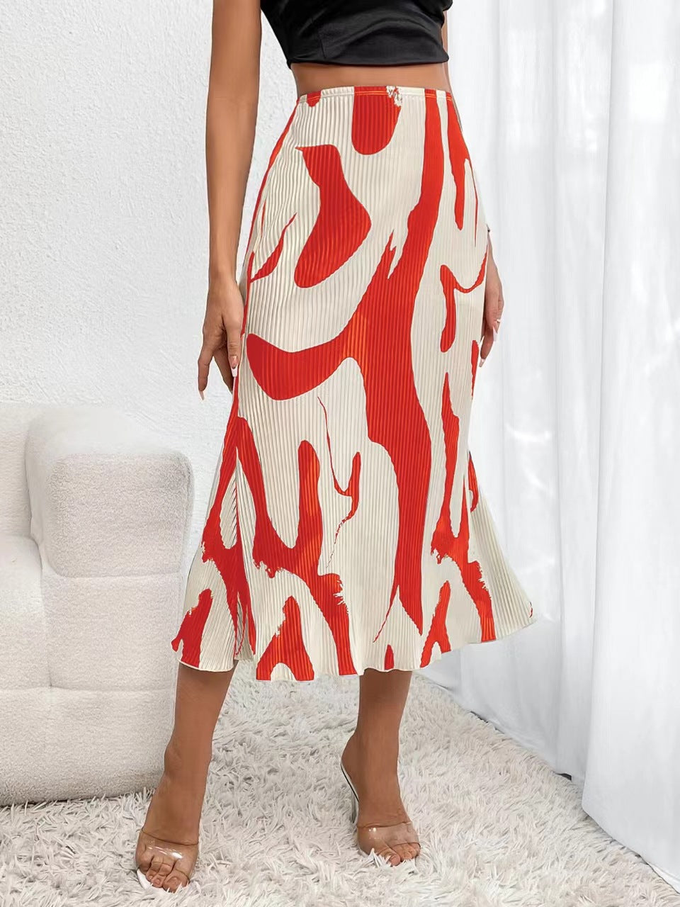 Women's Zebra Print Pleated Skirt – Irregular Hem & Side Slit