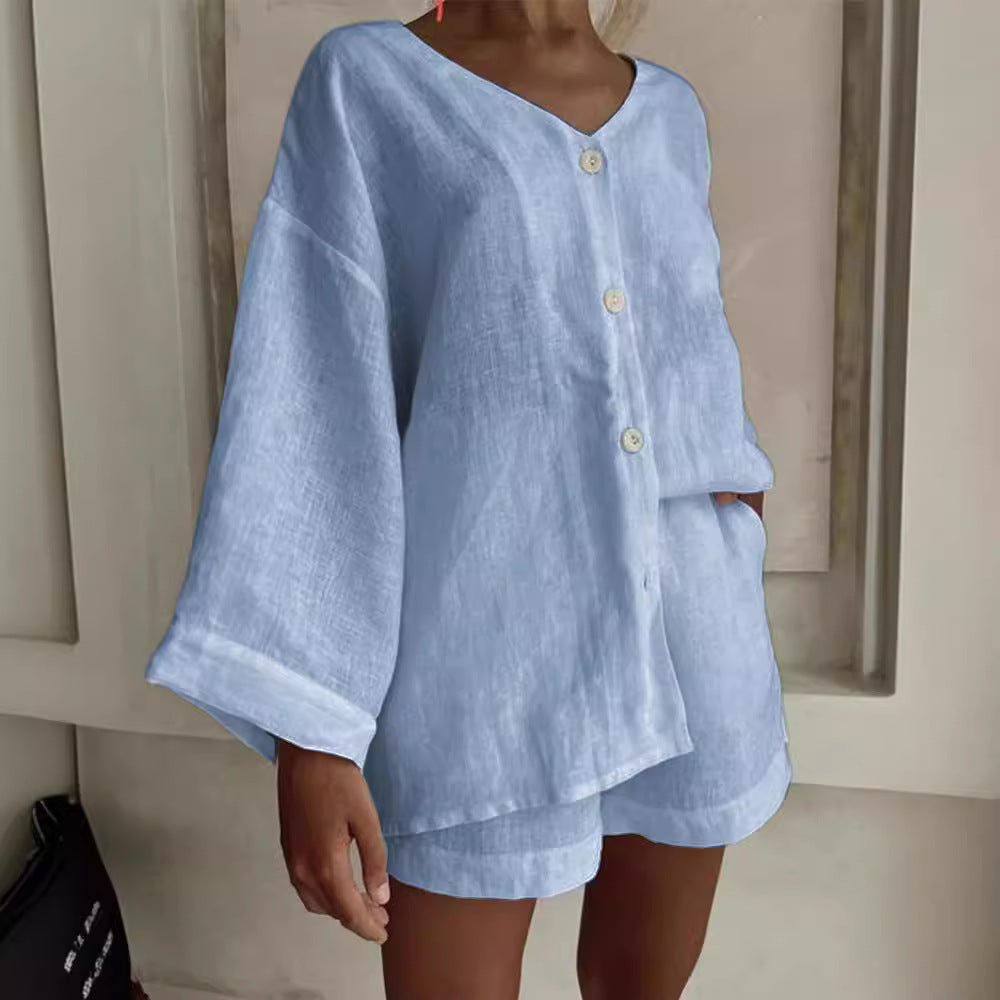 Women's Cotton Linen Shirt & Shorts Set – Long Sleeve, Button, Casual 2-Piece